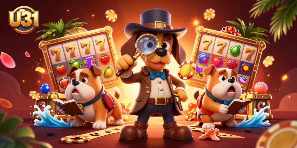 Engage with U31's vibrant casino world as a detective explores poker clues amid colorful slot game elements.