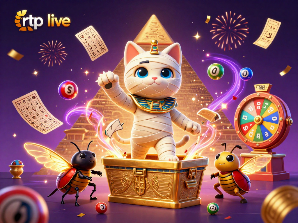 Experience rtp live excitement with a vibrant casino scene featuring a mummy cat and golden scarab.