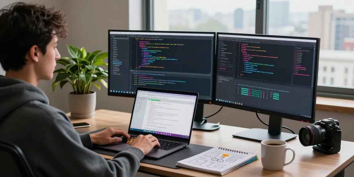 Developer learning React Hooks and Redux Toolkit in a modern workspace with dual monitors and coding tools.