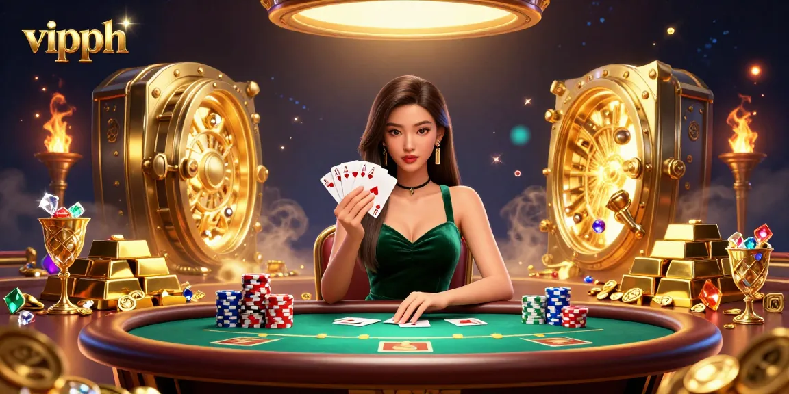 Experience vipph's luxury poker with a stunning Asian woman at a vibrant casino table.