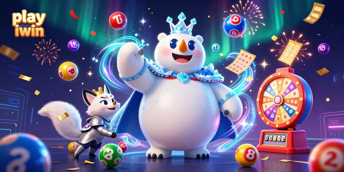 Play iwin with exciting 3D cartoon characters in a vibrant casino scene featuring lottery balls and a spinning prize wheel.