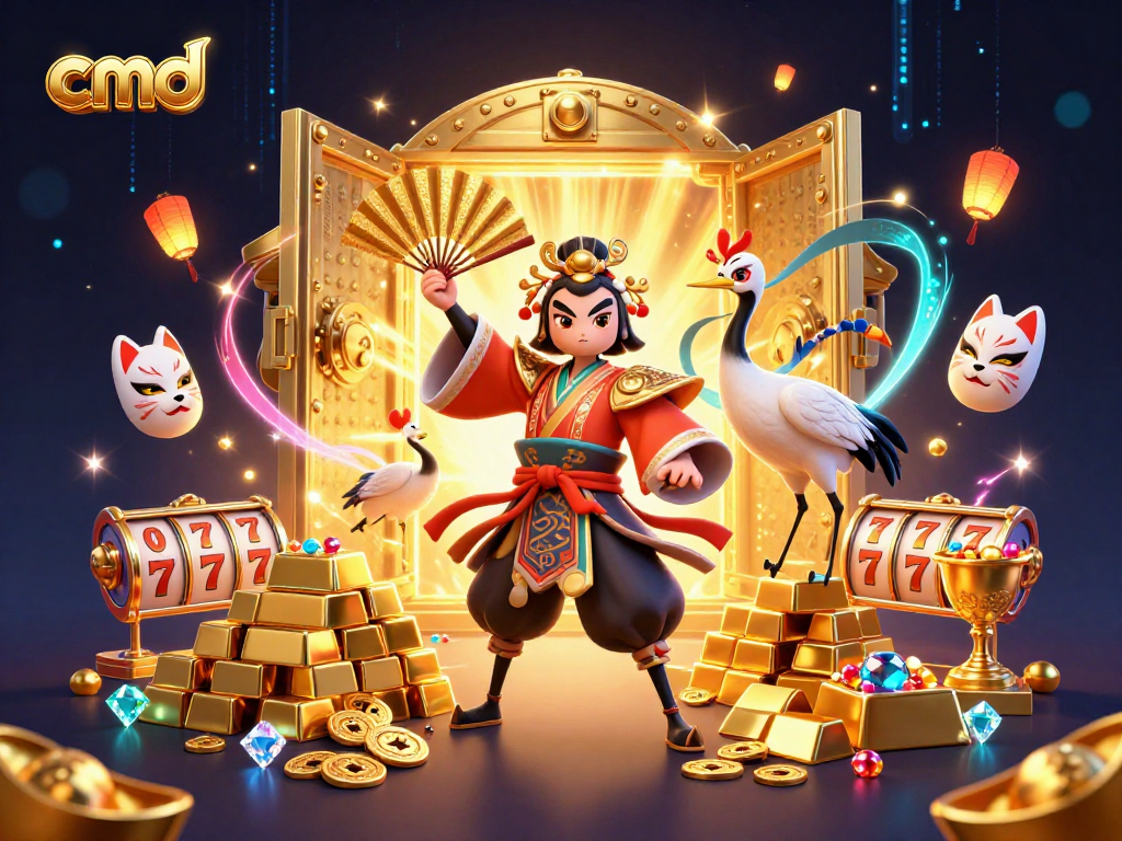 Experience cmd with stunning 3D casino art featuring kabuki warriors and dynamic slot elements.