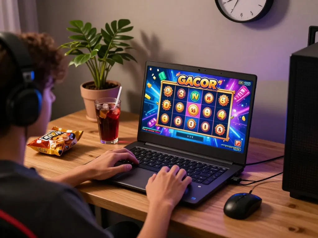Player enjoying a thrilling slot gacor game on laptop in a cozy home setting.