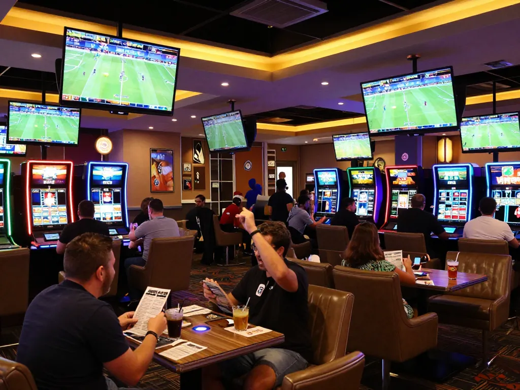 sv368 sports betting lounge with excited patrons placing bets and enjoying live sports events