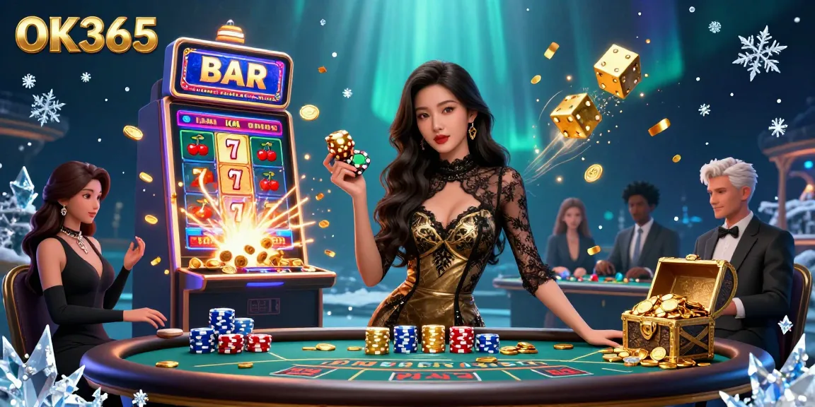 Experience the excitement of high-stakes gambling at OK365 with a glamorous casino illustration showcasing vibrant casino elements.