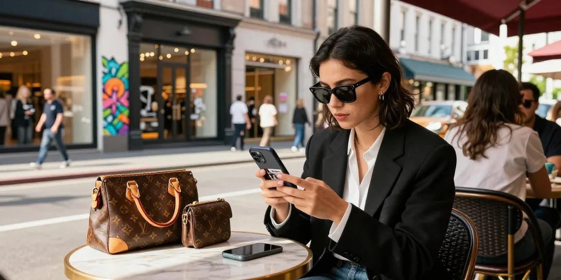 Fashion enthusiast showcasing luxury 레플리카 items at an urban café, blending style and modern culture.