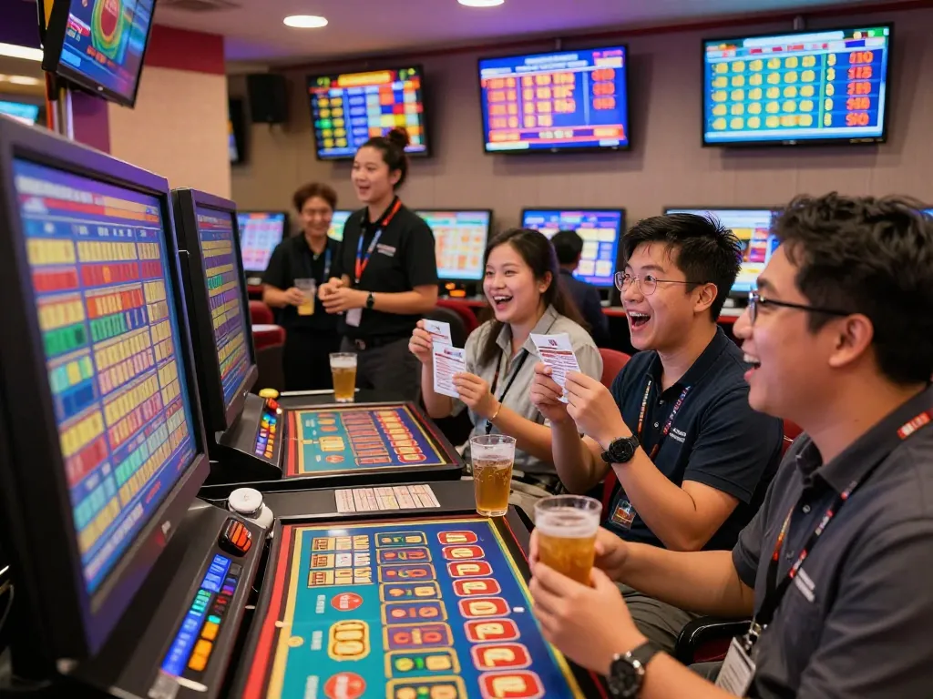 Exciting gambling atmosphere with patrons checking Data HK lottery results in a modern betting establishment.