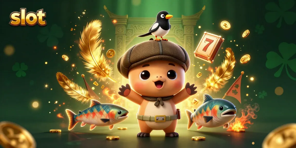 Permainan slot dengan simbol keberuntungan dan karakter lucu dalam ilustrasi kasino yang menarik.