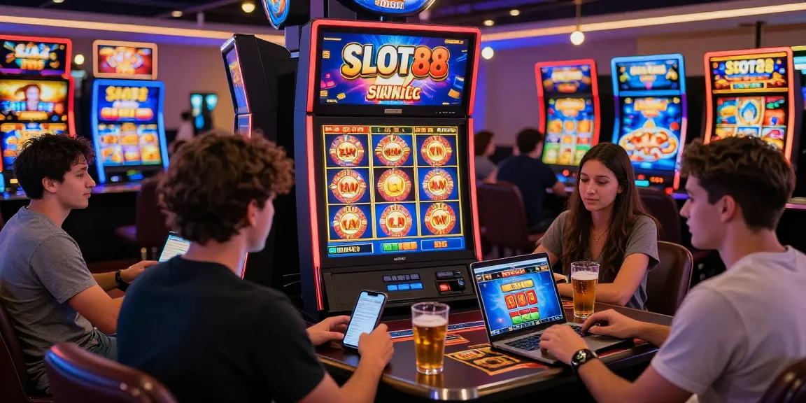 Exciting SLOT88 login scene with players enjoying vibrant online slot games, highlighting user engagement and lively atmosphere.