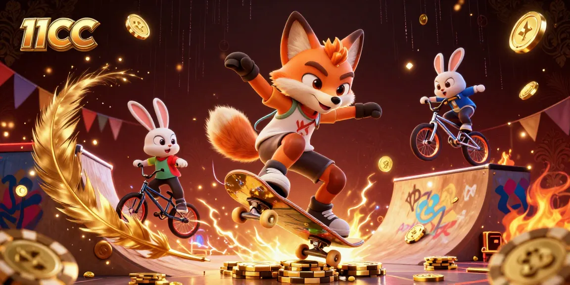 Experience thrilling action with 11CC as a fox skater leaps over golden chips, amidst vibrant casino elements.