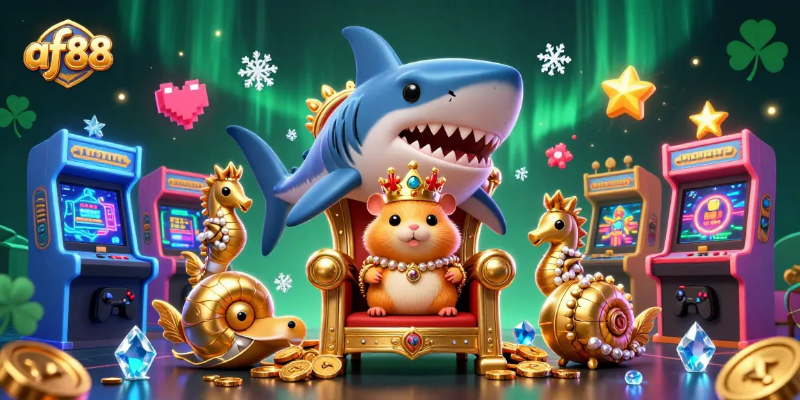 Engage in exciting gameplay at af88, featuring a fierce golden hamster king and colorful casino elements.