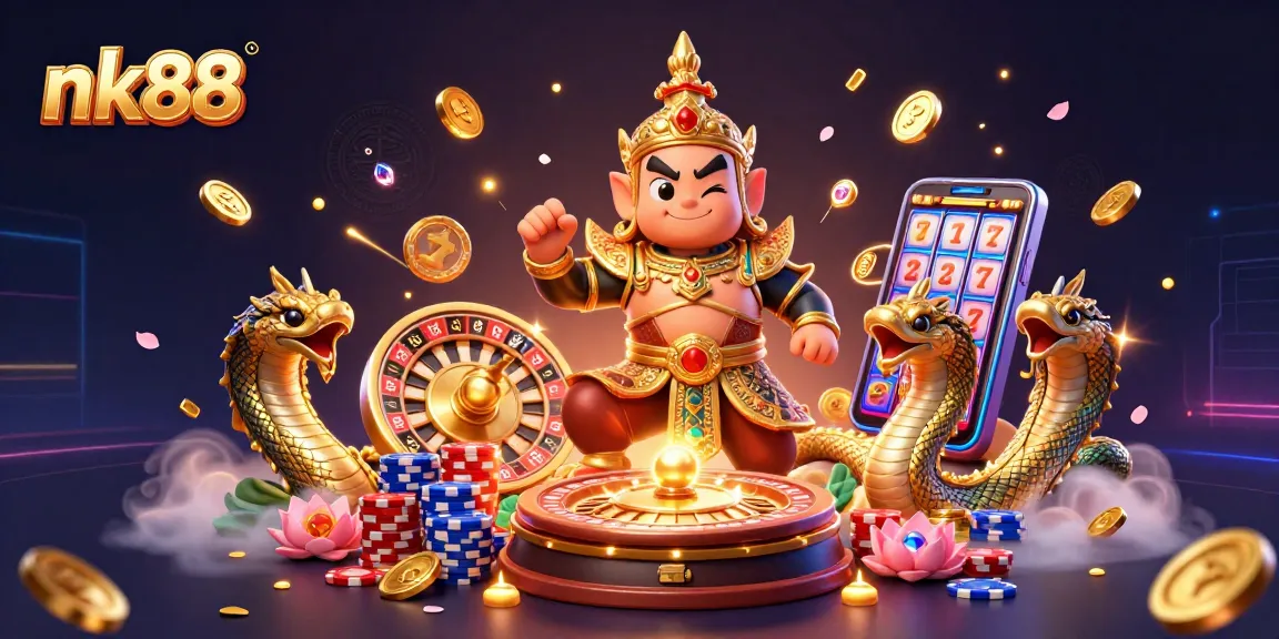 Experience thrilling gameplay with nk88 featuring golden coins, a roulette wheel, and animated characters.