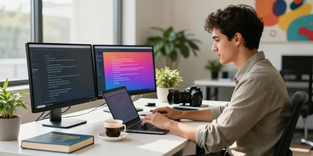 AI copywriting in Spanish workspace with a bilingual writer crafting content using advanced technology in a creative office.