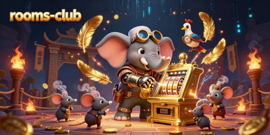 Pemain slot di platform rooms-club dengan simbol keberuntungan dan efek berapi.