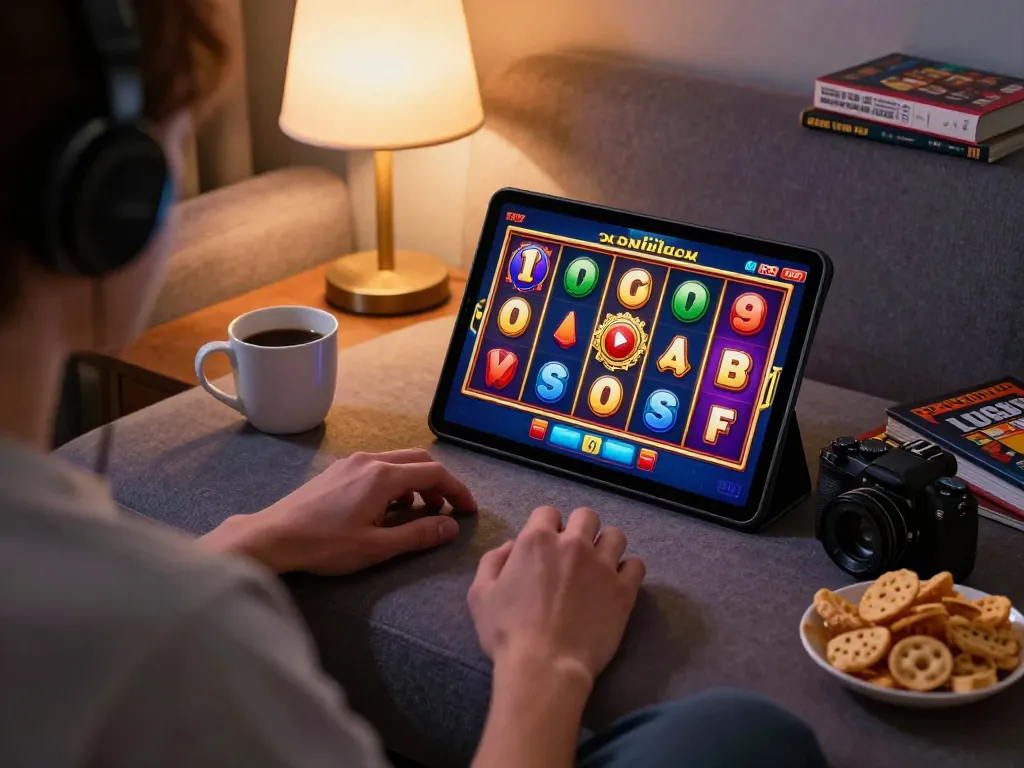 Engaging gameplay on slot deposit 1000 platform, showcasing vibrant tablet screen with colorful reels, inviting home setting.
