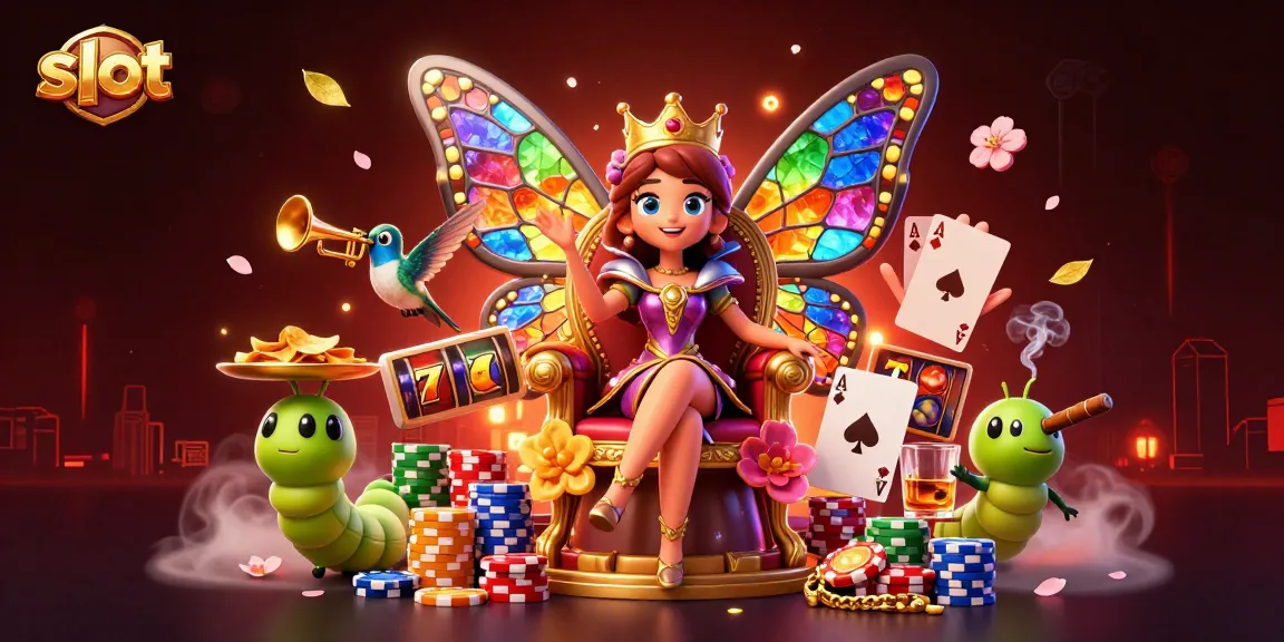 Spin vibrant slot reels with a captivating scene of a butterfly queen, colorful chips, and exciting casino elements.