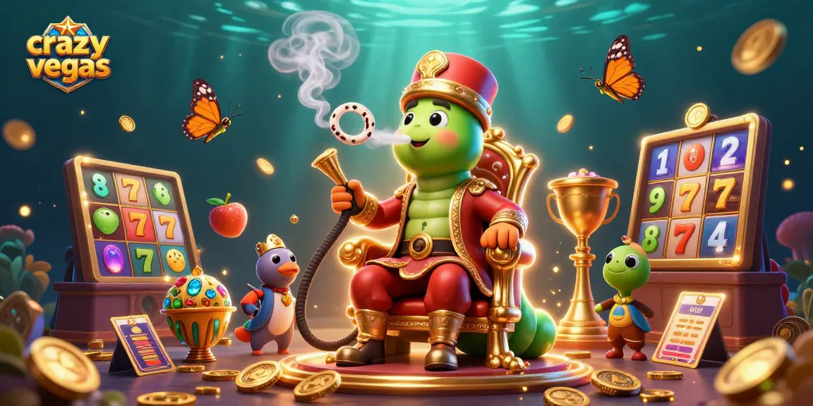 Crazyvegas showcases a whimsical 3D caterpillar blowing poker smoke rings amid vibrant slot elements!