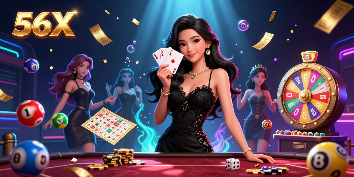 Engage in exciting gameplay at 56X, featuring a stunning Asian woman holding playing cards with vibrant casino elements