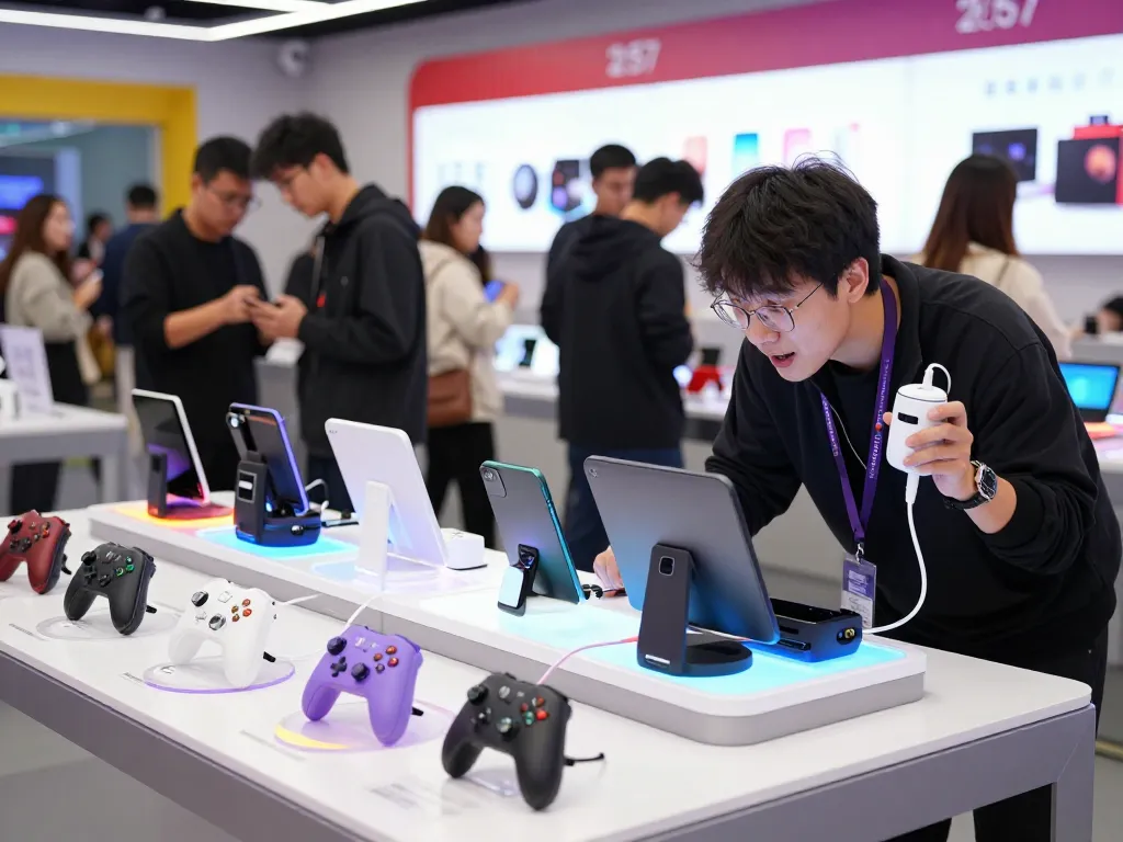 Person examining the latest tech gadgets 2057 in a modern electronics store, showcasing innovative Bluetooth devices.