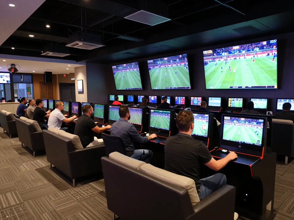 Engaged bettors placing bets at 388bet's modern sports lounge with excitement in the air