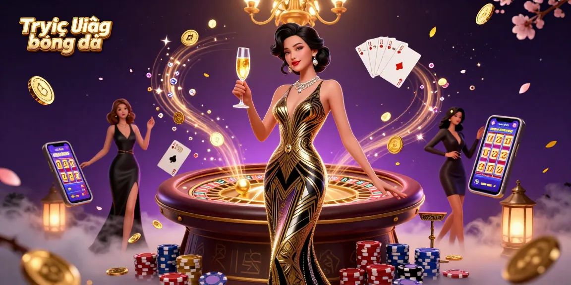 Experience Trực tiếp bóng đá with an elegant Asian woman amidst dynamic casino elements.