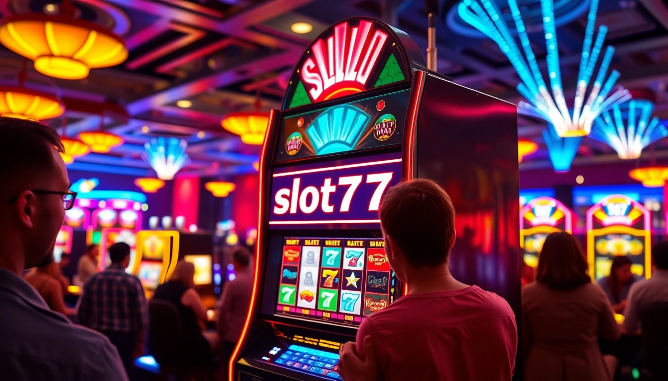 Menangkan jackpot di slot777 dengan suasana kasino yang ramai dan penuh warna.