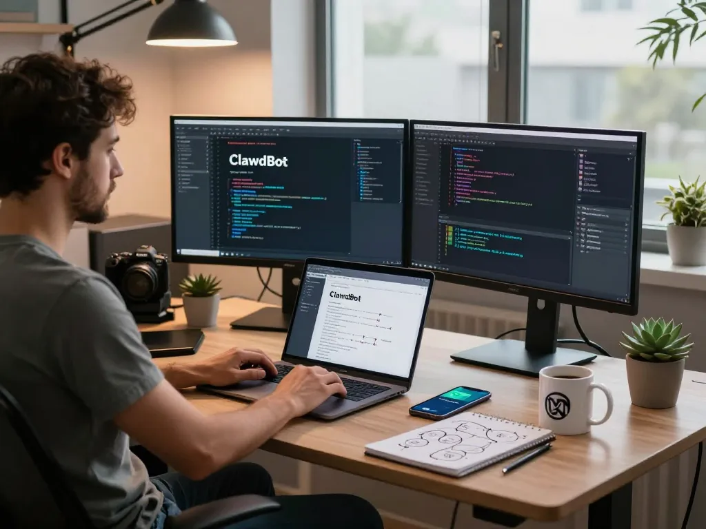 Developer using ClawdBot AI on dual monitors in a bright tech workspace