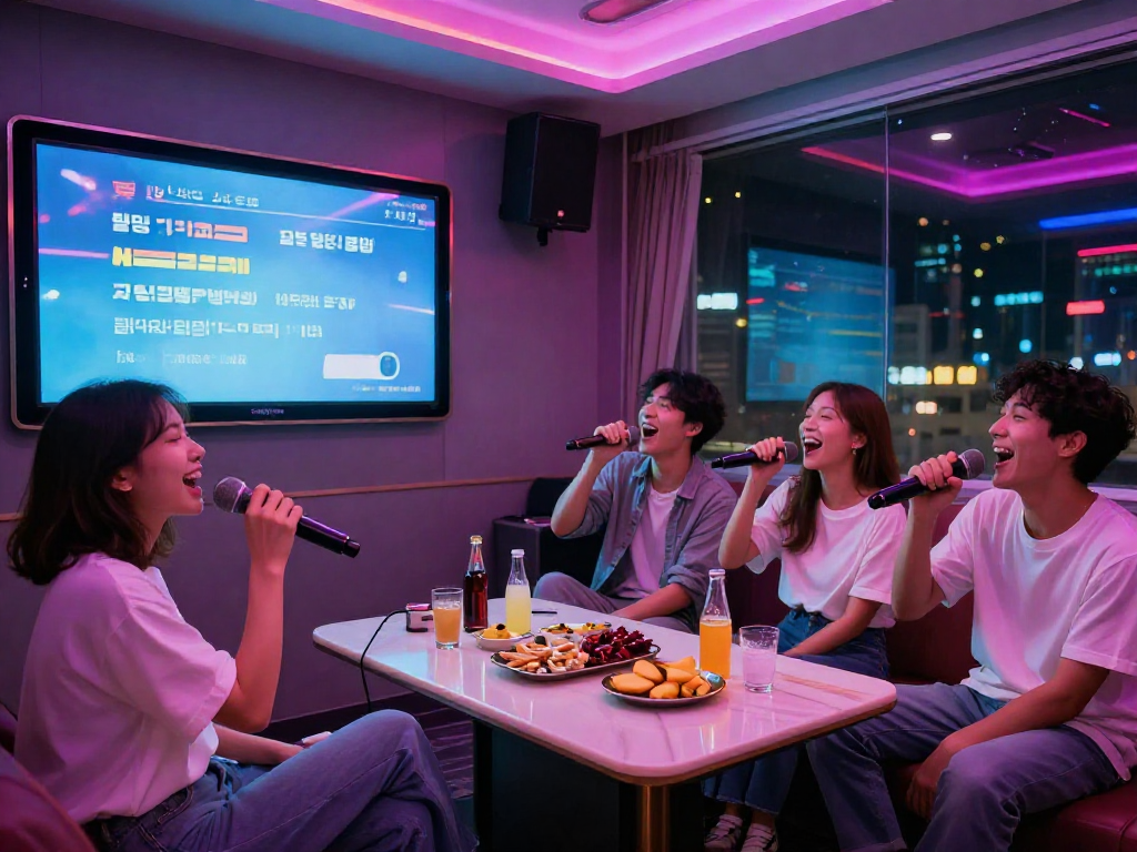 달토 가라오케에서 즐거운 시간 보내는 친구들, 현대적인 인테리어와 고급 사운드 시스템이 돋보이는 모습.
