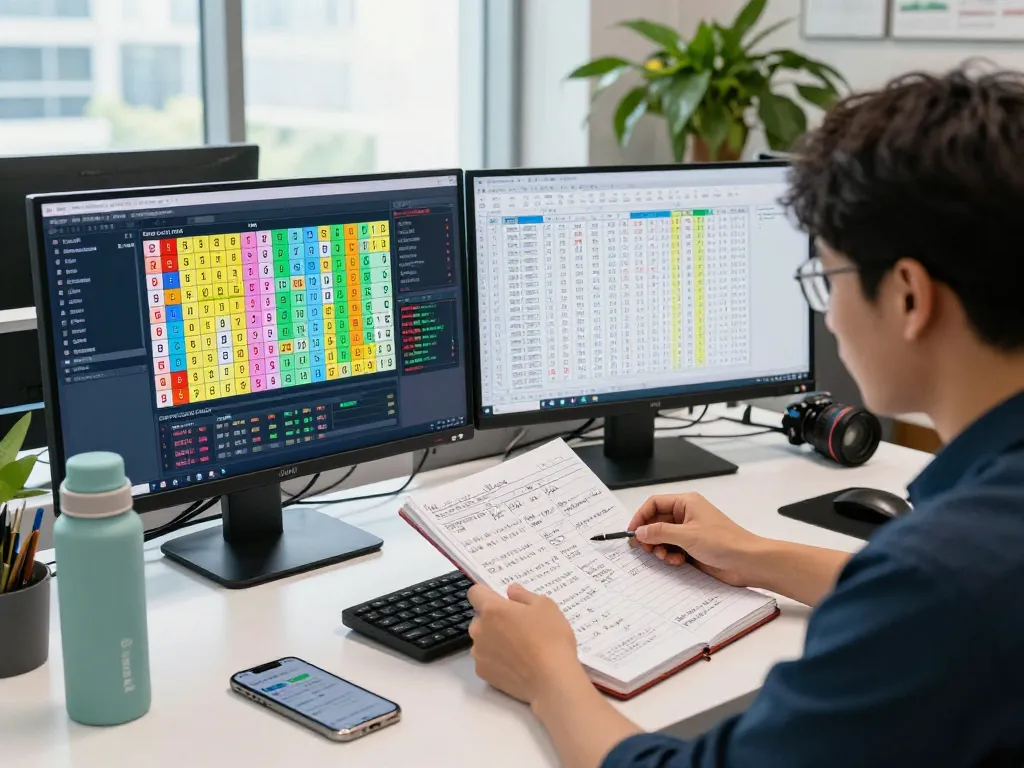 Data HK analysis at a modern workspace with colorful statistics and live lottery results displaying accurate insights.