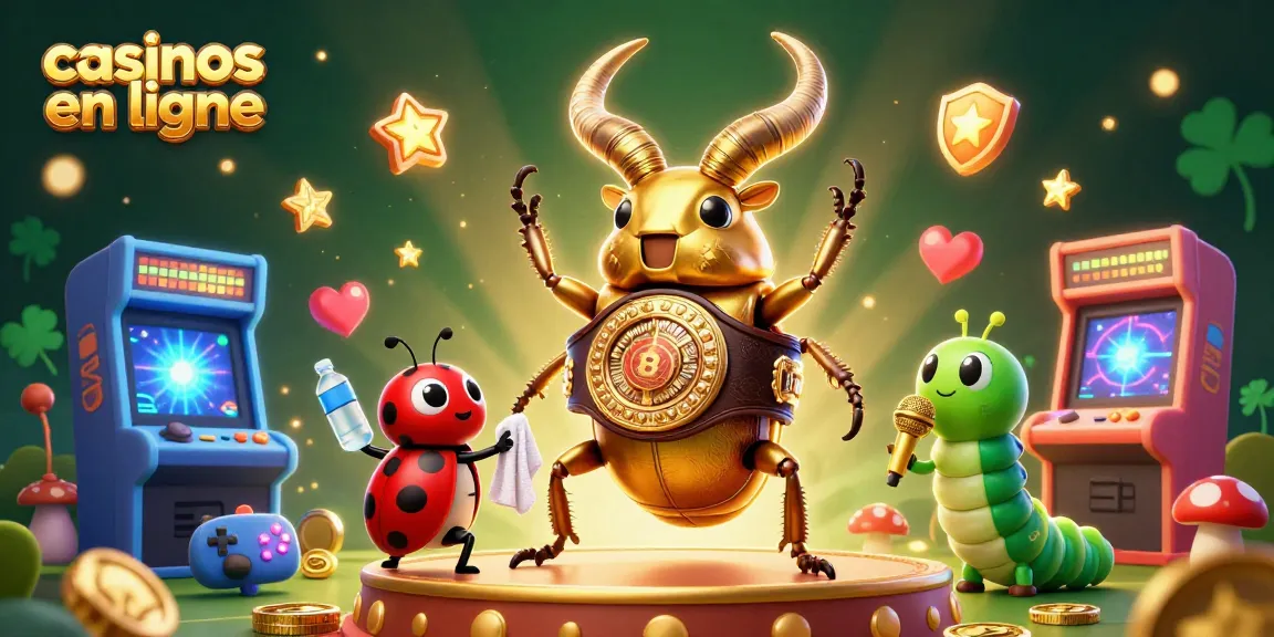 Casino en ligne vibrant avec un scarabée géant et des éléments de jeu captivants.
