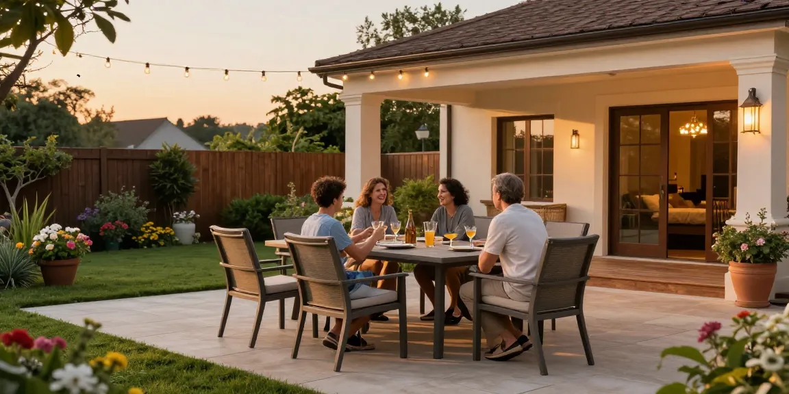 Family enjoying drinks at a stylish weather resistant patio furniture set surrounded by greenery in a cozy outdoor setting.