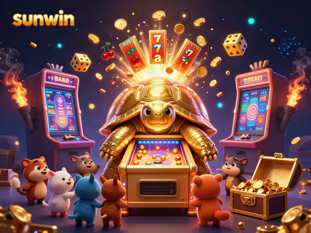 Experience modern gaming thrill with sunwin's vibrant slot machine and golden tortoise in a lively casino scene.