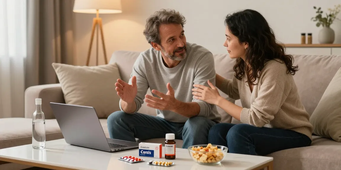 Cialis products surrounded by a couple discussing erectile health in a cozy living room.