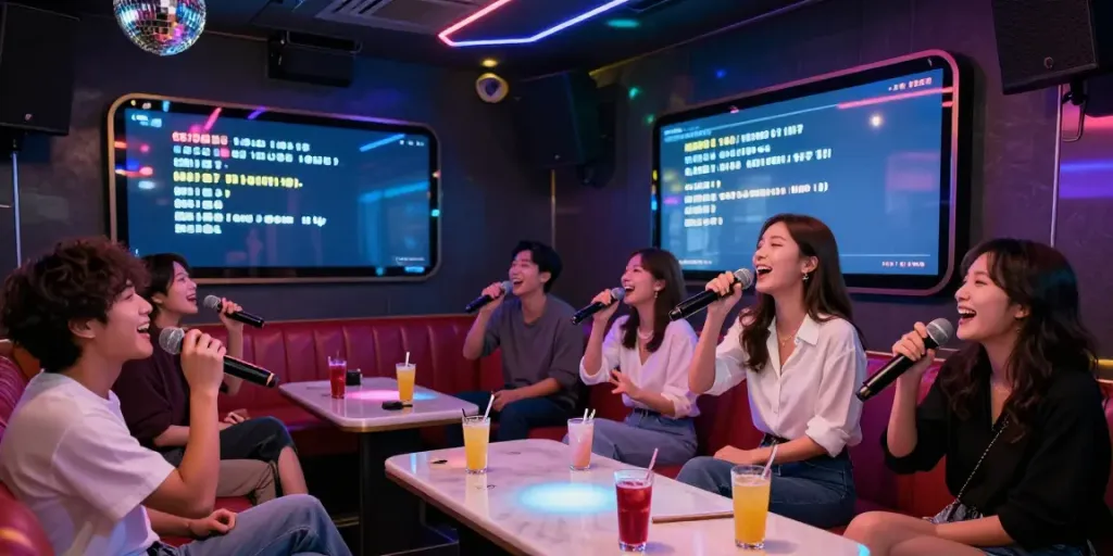 강남 달토에서 노래를 부르는 여성과 즐거운 친구들, 화려한 조명과 음료가 어우러진 분위기
