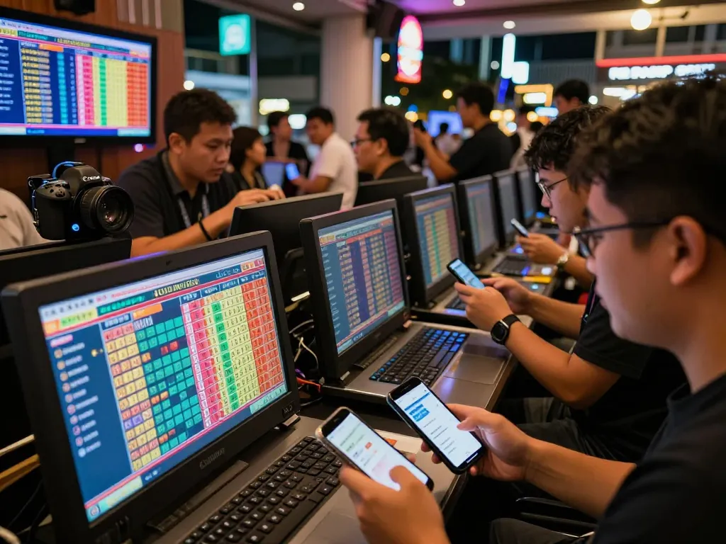 Engaged players checking Data HK results in a vibrant Togel Hongkong betting environment.