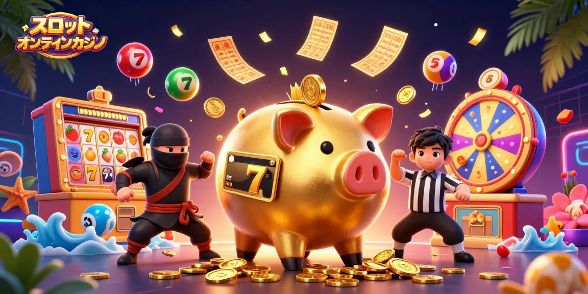 スロット オンラインカジノのゲームで金色の豚の貯金箱力士がコインを散らすシーン