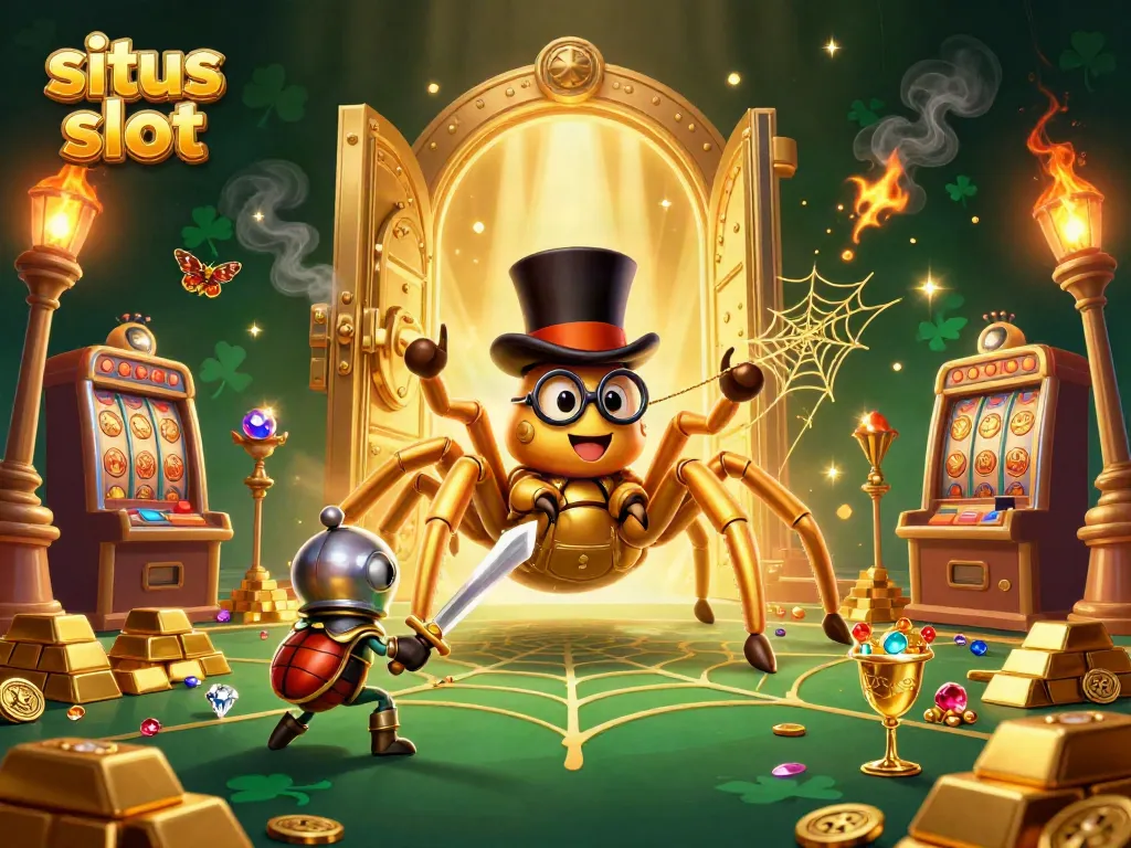 Situs slot illustration showcasing a giant golden tarantula, beetle knight, and slot machines with vibrant treasures.