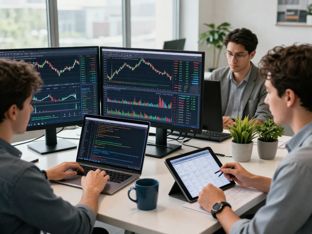 Traders using metatrader 5 for market analysis in a modern office.