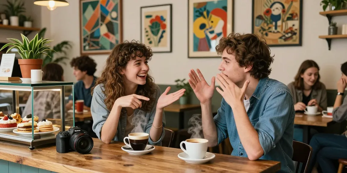 Café scene where friends share stories about their crush on someone, vibrant atmosphere and warm lighting.
