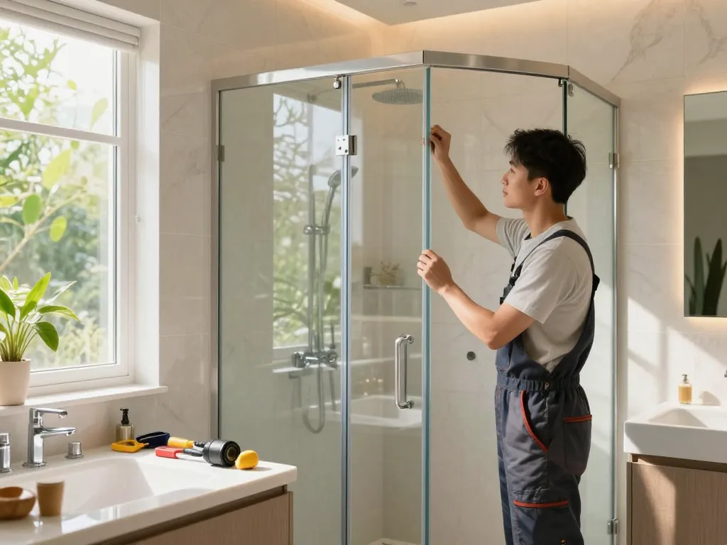Custom glass shower installation by topnotchcustomglass.com in a modern bathroom.