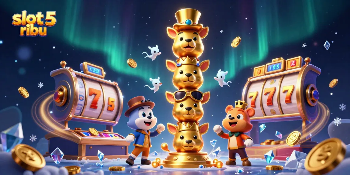 Play exciting games on slot 5 ribu, featuring vibrant slot reels and lively totem characters.