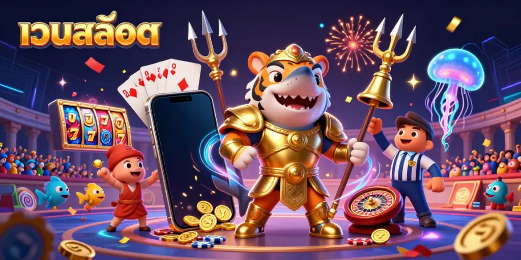 Experience the excitement of เว็บสล็อต with a vibrant scene of a shark in gladiator armor amidst slot reels and cheering fish.