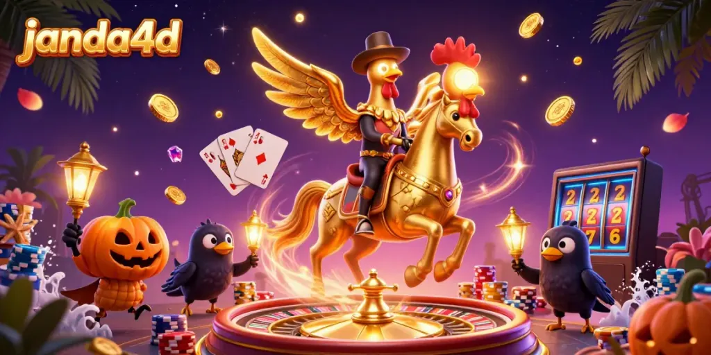 Slot online di JANDA4D dengan koin emas, karakter, dan suasana malam yang meriah.