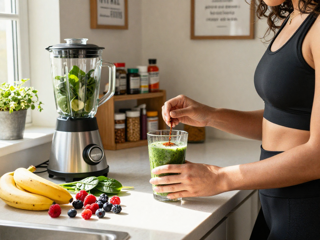 Health-conscious individual blending smoothie with microalgae astaxanthin in bright kitchen.