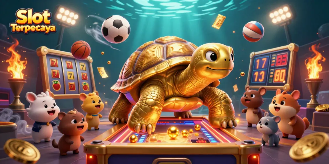 Engage with Slot Terpercaya featuring a dynamic scene of a golden tortoise pinball machine and excited animals.