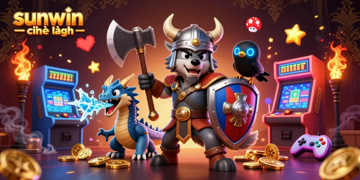 Experience gaming excitement with sunwin chính hãng, featuring a Viking wolf warrior, dragon, and vibrant casino elements.