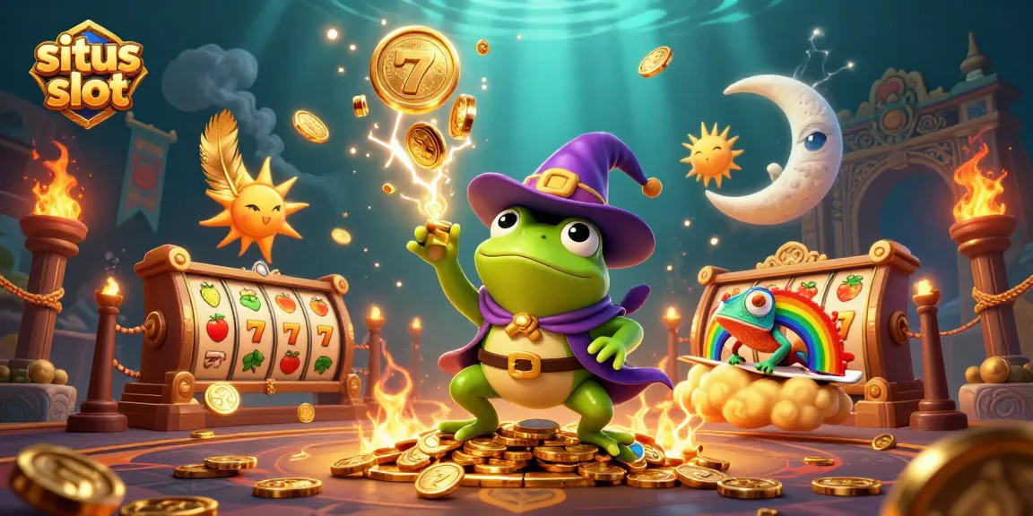 Situs slot showcases an enchanting scene with a weather wizard frog, a chameleon, and multiple casino symbols amidst golden coins.