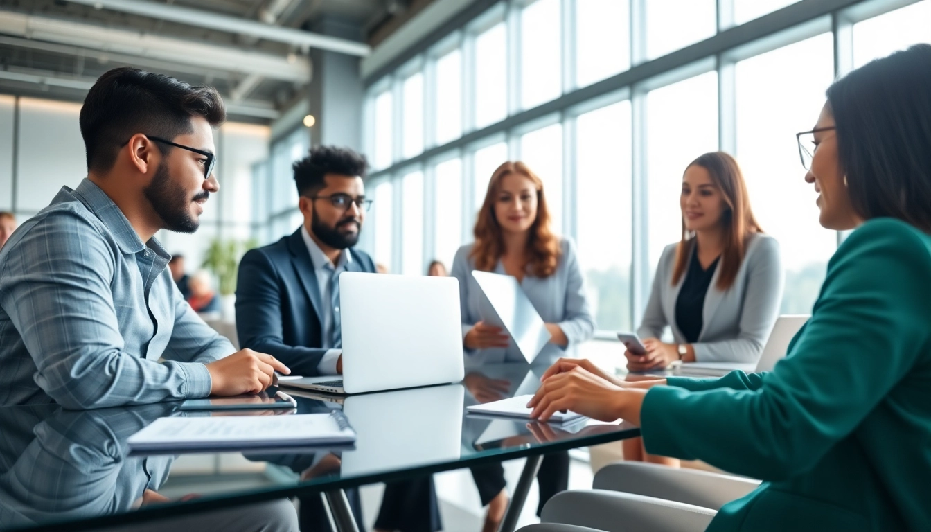 https://alvionz.de/ zeigt eine kreative Besprechungsszene mit verschiedenen Geschäftsleuten in einem modernen Büro.