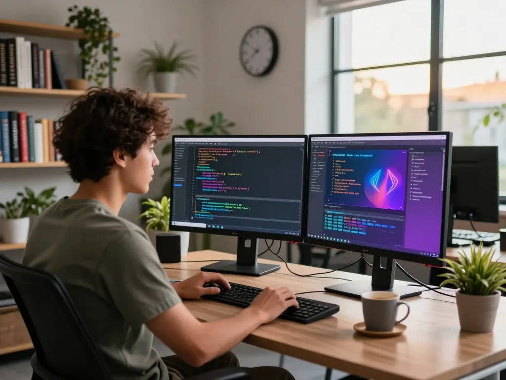 Developer using an image to prompt generator in a modern office workspace