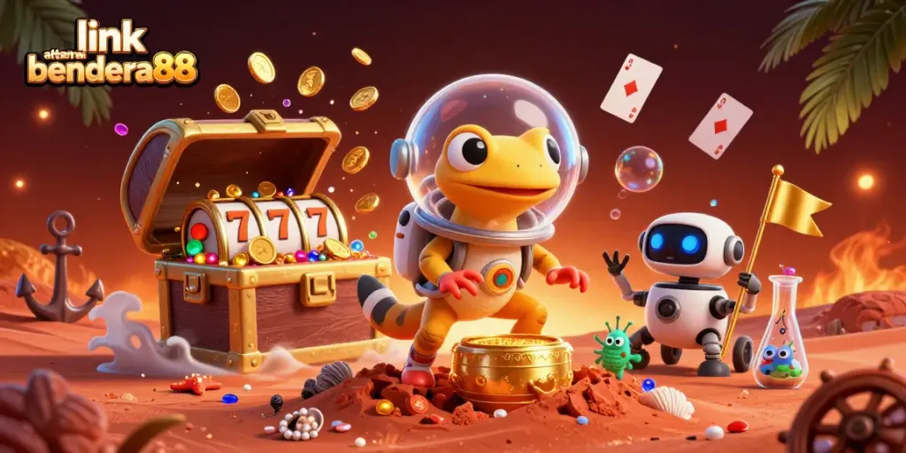 Mengakses link alternatif bendera88 sambil menyaksikan kasino emas di Mars dengan kartun alien